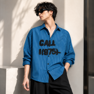 Oversized Printed Stripe Blue Shirt